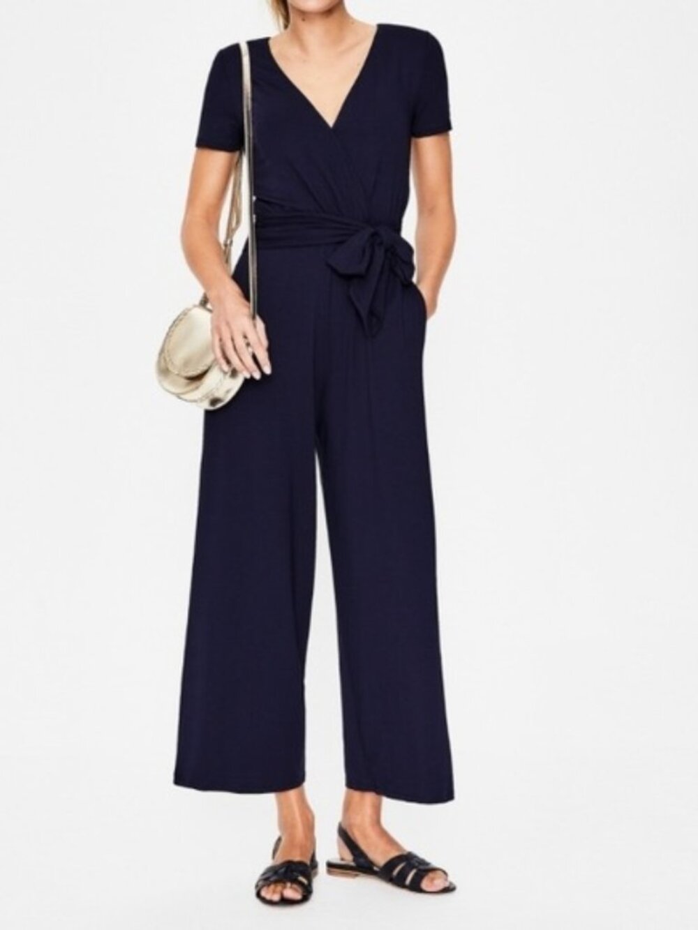 Boden Ellen Jersey Knit Wide Leg Cropped Jumpsuit - US 6 Women's navy blue